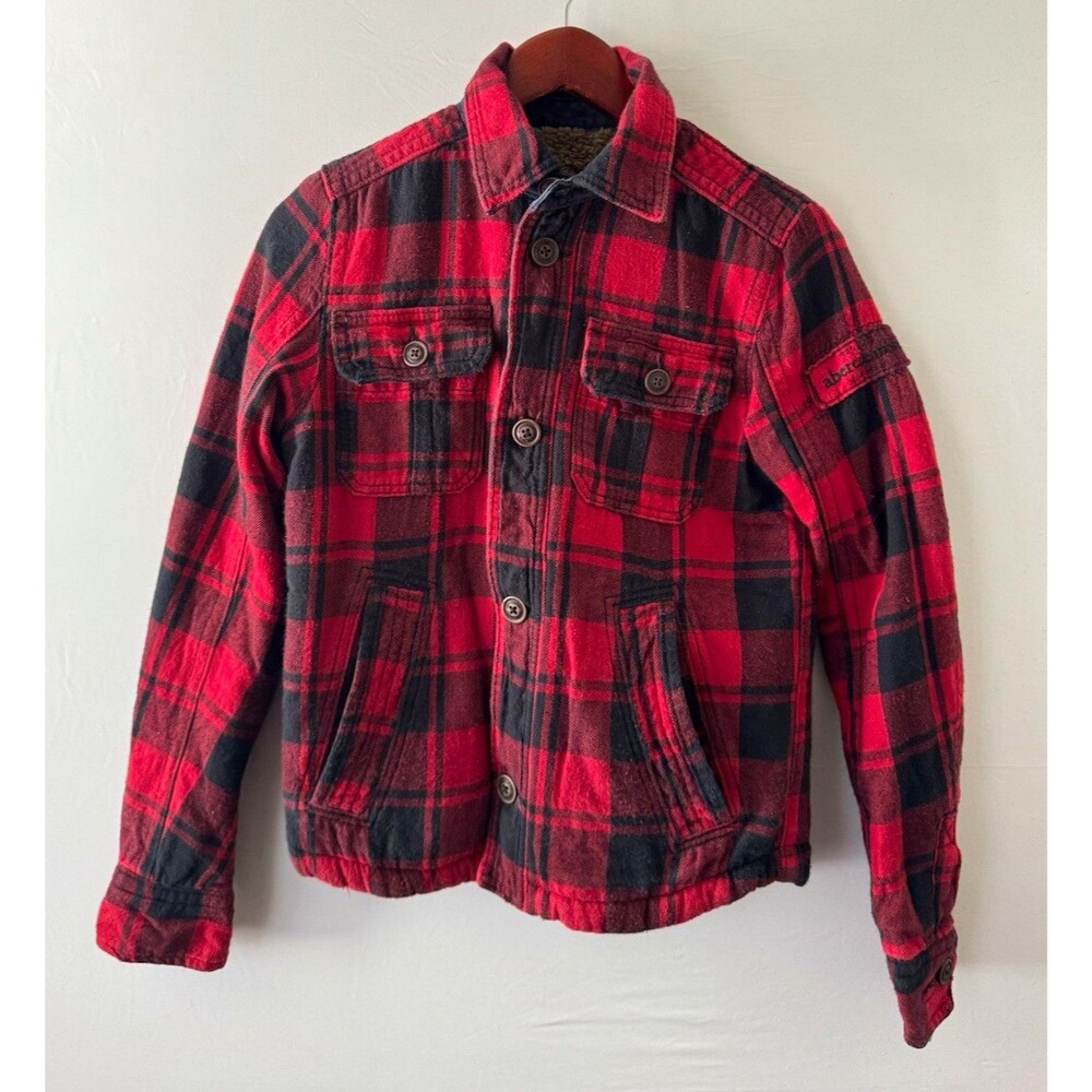 Abercrombie Kids Boulder Brook Boys L Red Black Plaid Flannel Lined Jacket